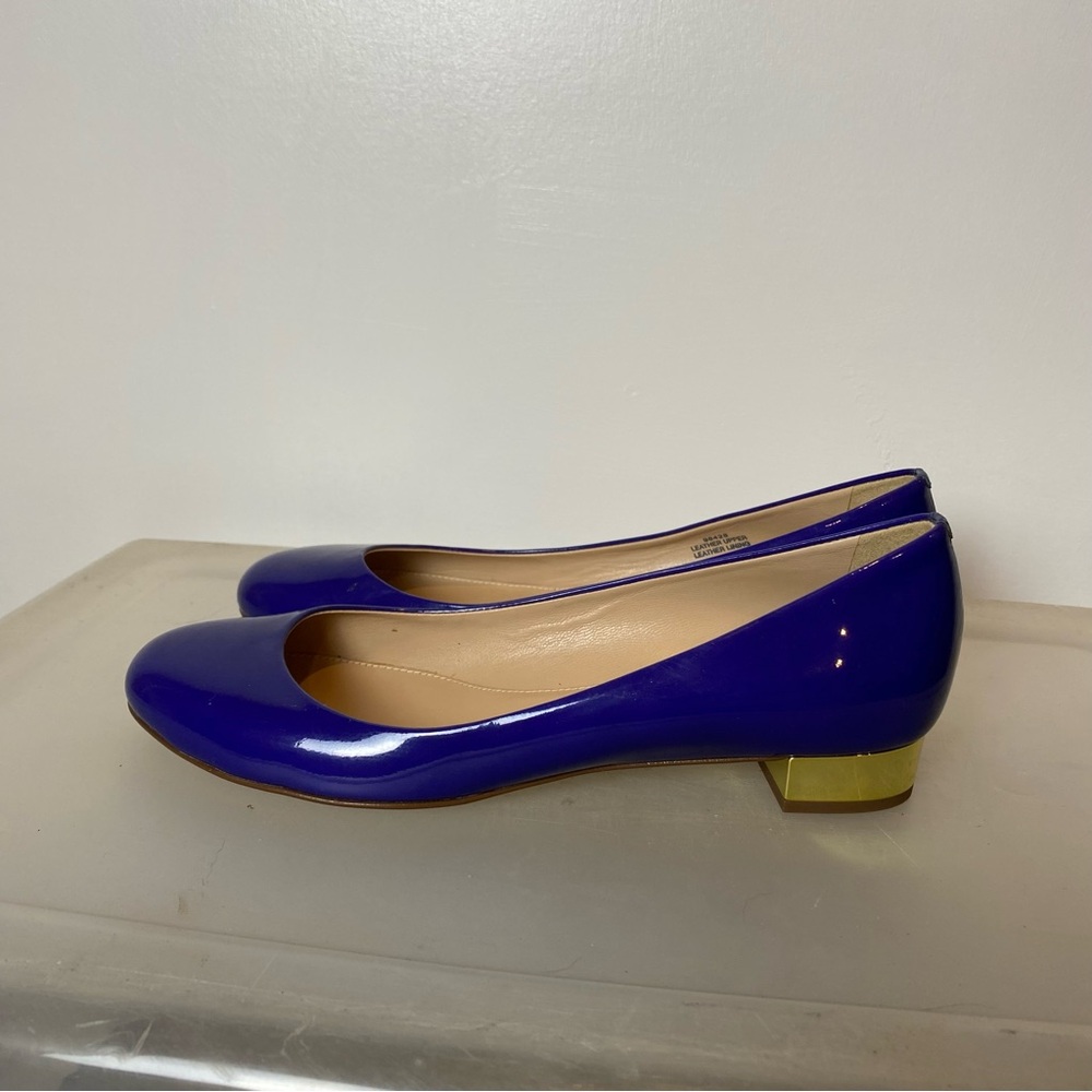 J. Crew Janey Bright Blue Patent Leather Gold Heel Ballet Flats Women’s 8